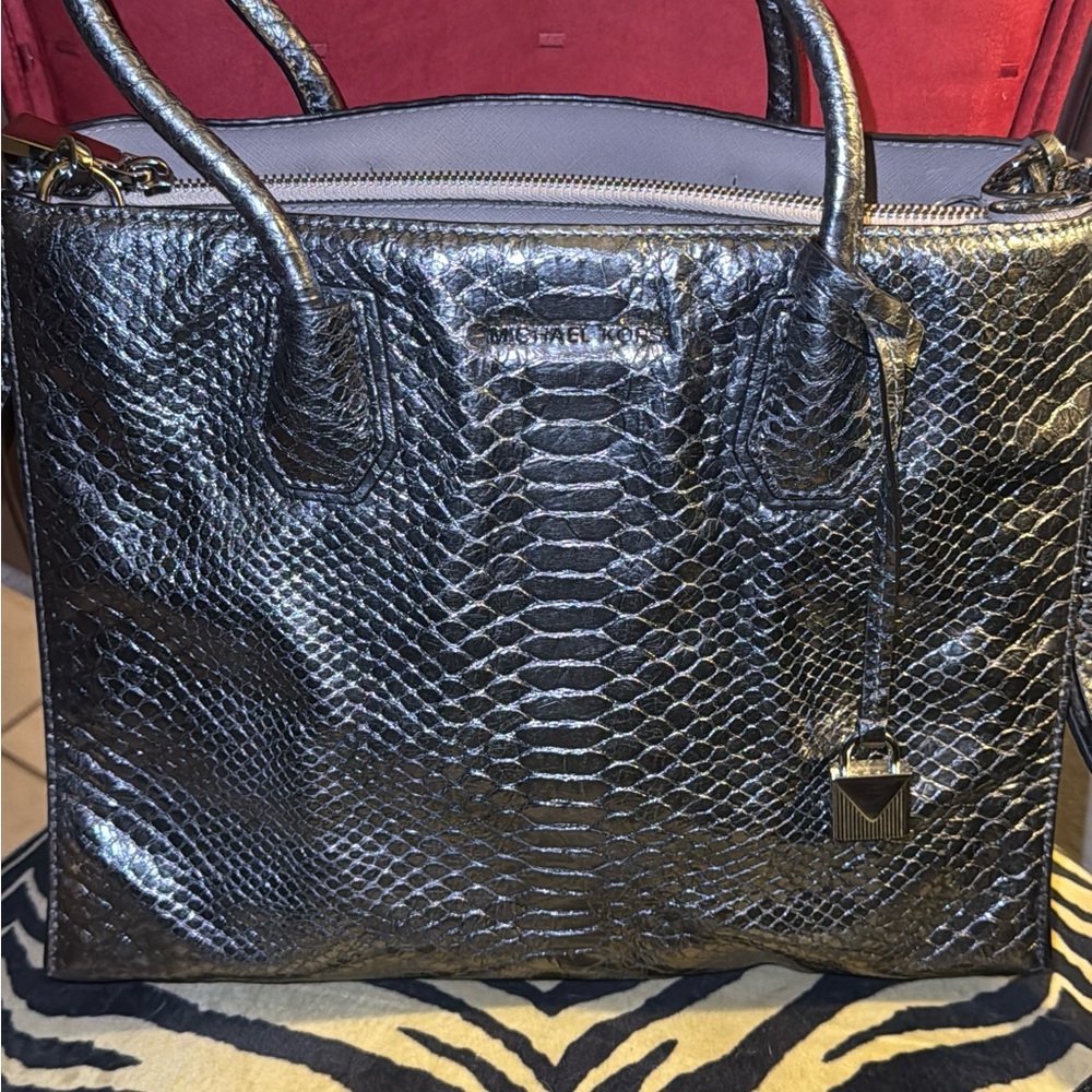 Michael Kors Shiny Gray Snake-Embossed Tote